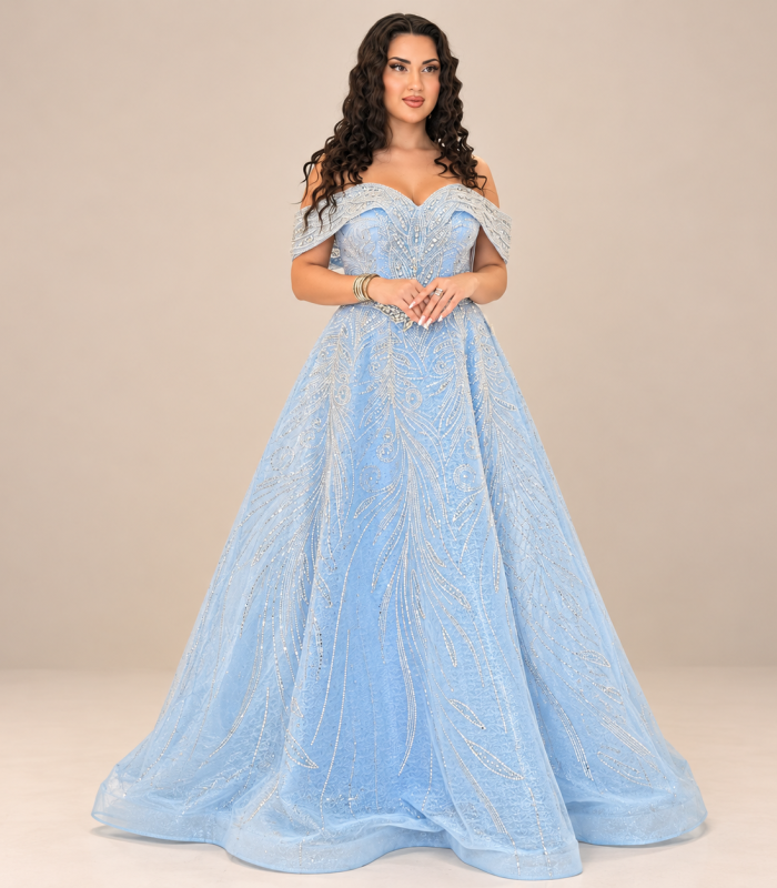فستان سهرة أزرق سماوي فاخر بتطريز كريستالي لامع – Janel Couture
