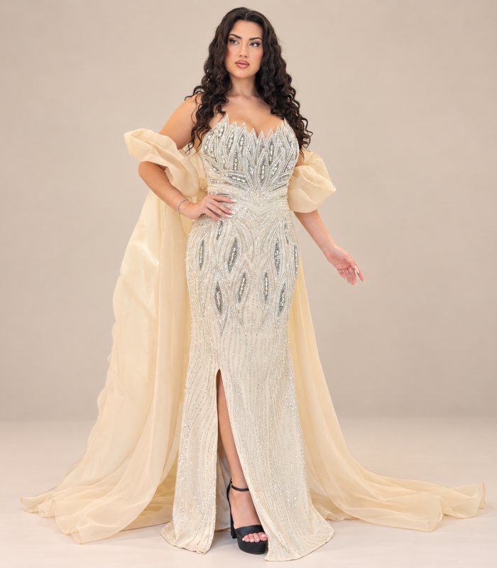 فستان سهرة شامبين فاخر مرصع بالكريستال مع شيفون منسدل – Janel Couture