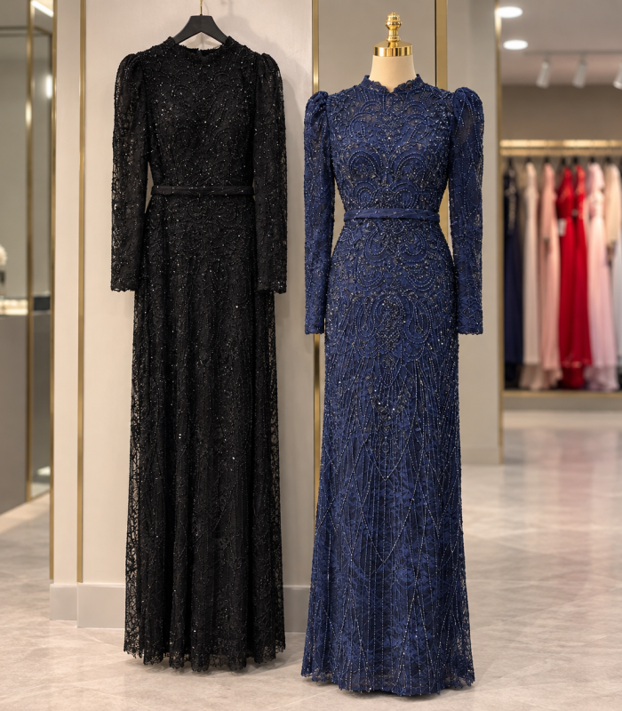 فستان سهرة محتشم فاخر بأكمام طويلة وتطريزات لامعة – Janel Couture