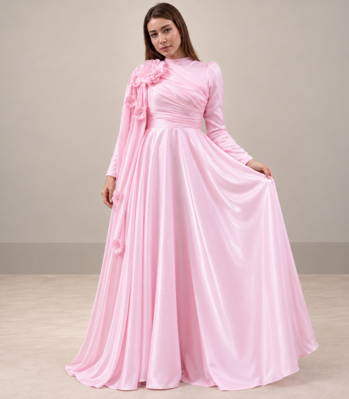 فستان سهرة محتشم ساتان بتفاصيل ورود ودرابيه أنيق – Janel Couture