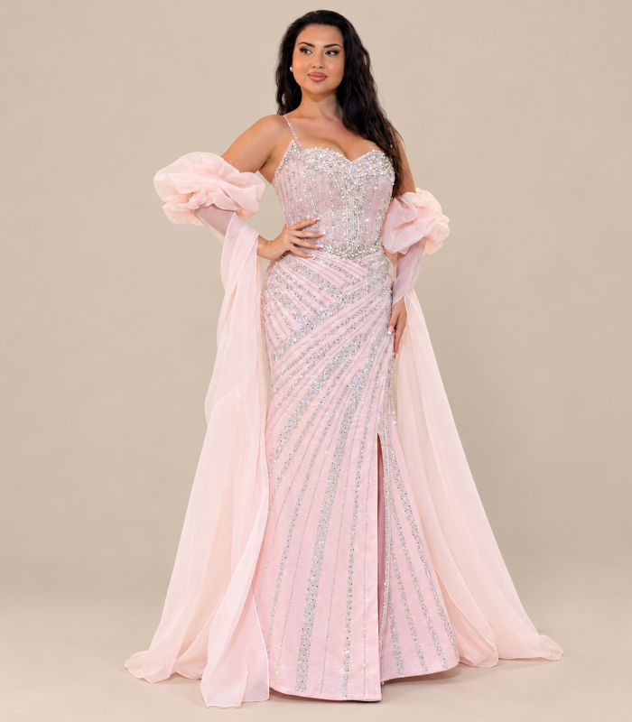 فستان سهرة وردي فاخر مرصع بالكريستال مع أكمام شيفون طويلة – Janel Couture